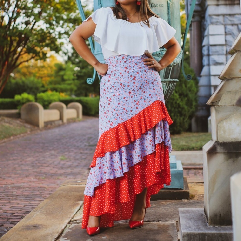 NWT New York & Co Womens Mixed-Print Tiered Ruffled Asymmetrical Skirt Sz Large